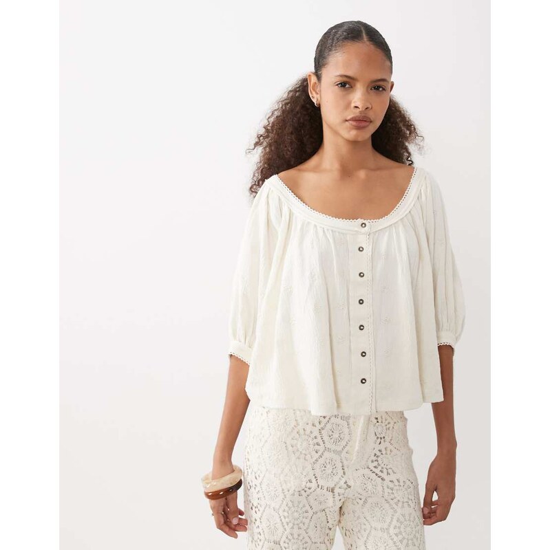 ASOS DESIGN button through blouson sleeve broderie top in cream