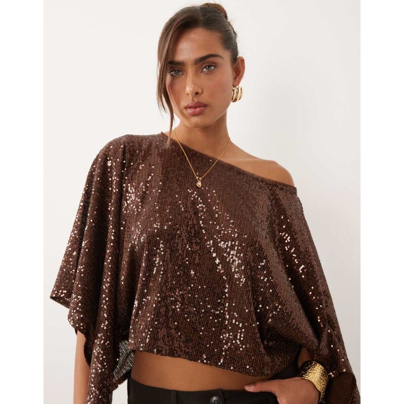 ASOS DESIGN sequin cape top in chocolate-Brown