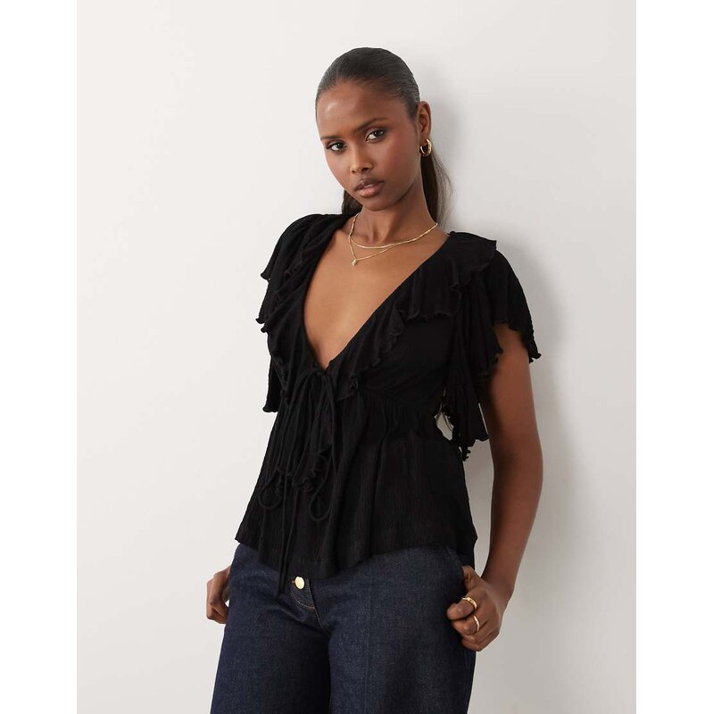 ASOS DESIGN crinkle plunge ruffle flutter sleeve top in black