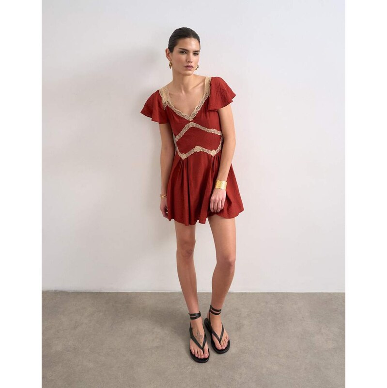 Topshop flutter sleeve mini tea dress with lace inserts in rust