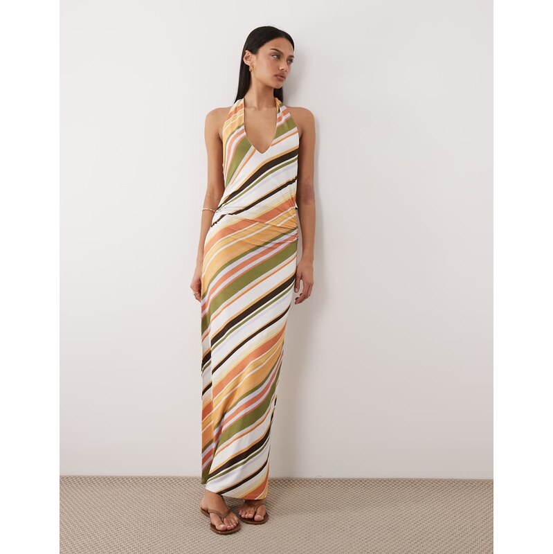 ASOS DESIGN tie back halter midi dress in stripe-Multi