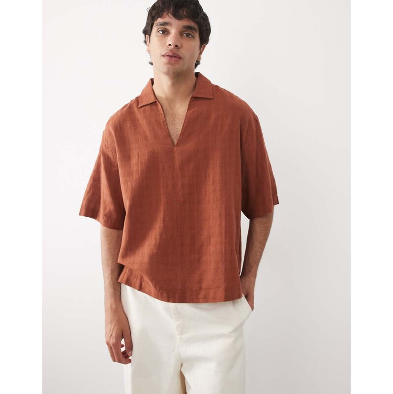 ASOS DESIGN boxy oversized overhead shirt with linen in brown
