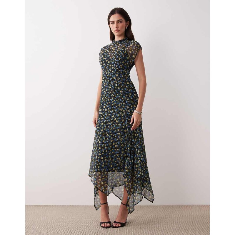 ASOS DESIGN high neck hanky hem chiffon maxi dress in black