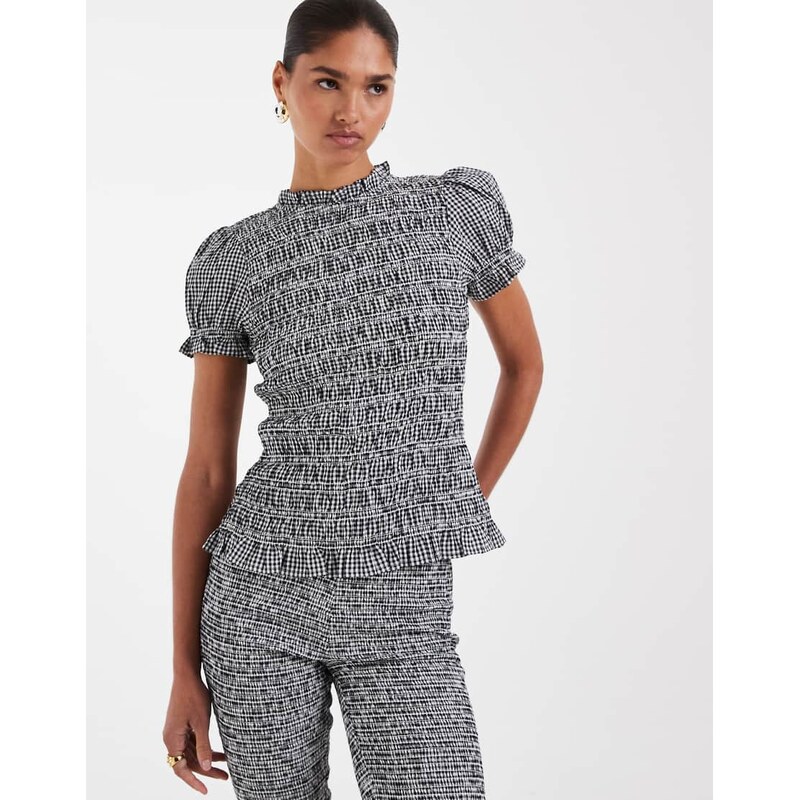 ASOS DESIGN shirred ruffle top in gingham-Multi