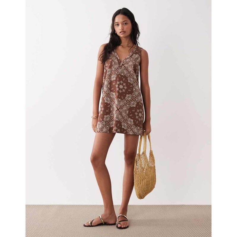 ASOS DESIGN cotton linen v neck smock mini dress in chocolate