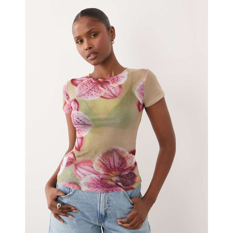 ASOS DESIGN sheer mesh baby tee in green floral-Multi