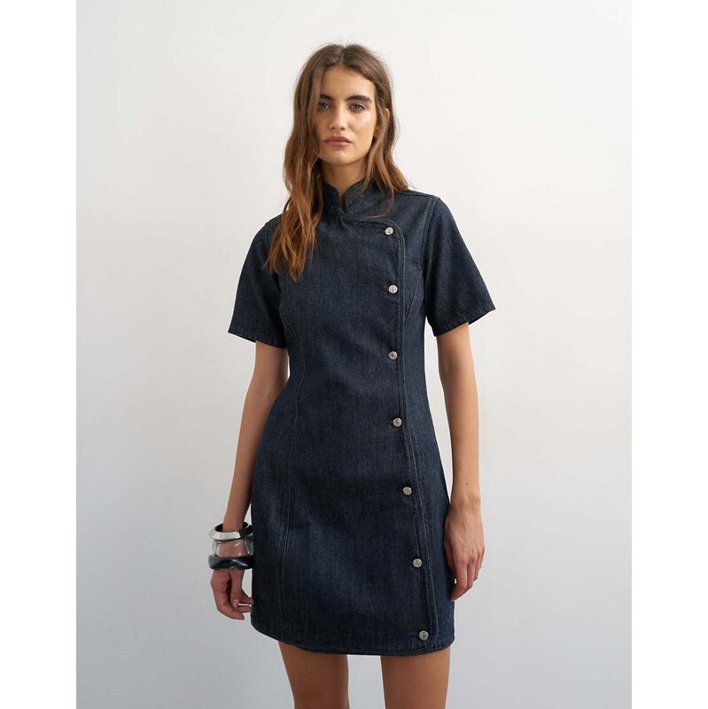 Topshop denim mandarin collared mini dress in indigo rinse-Blue