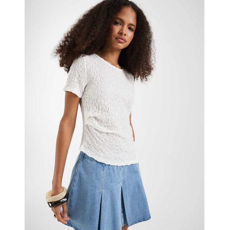 Vero Moda asymmetric ruched detail crinkle texture top in white
