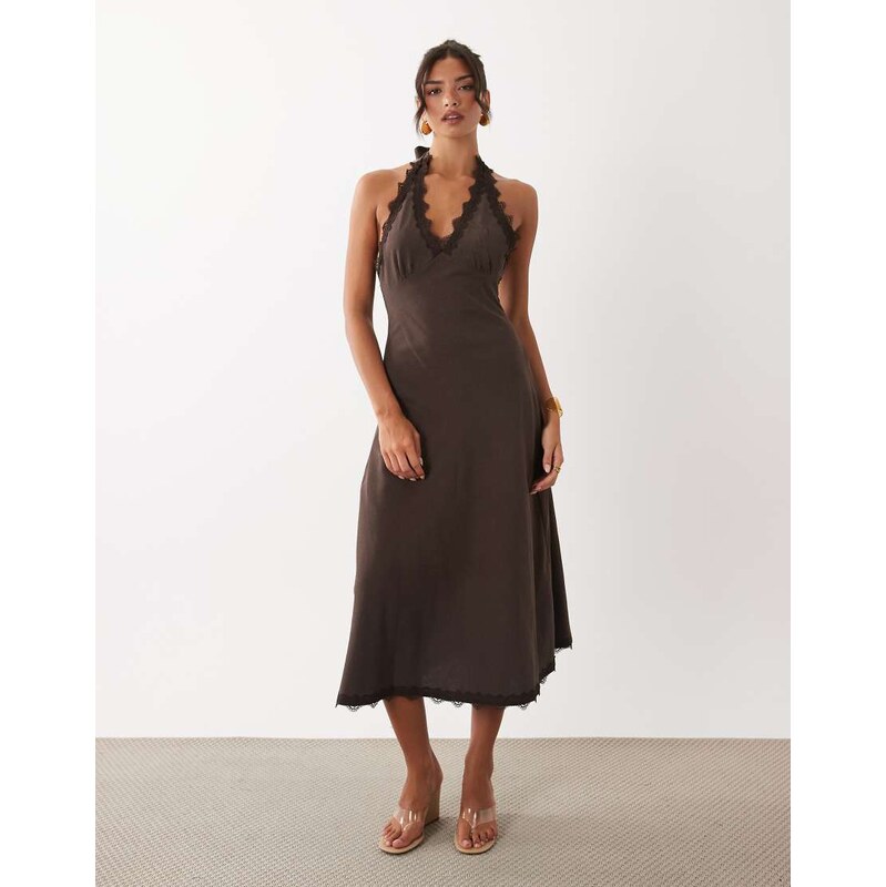 Lioness Stars Align linen rich halterneck lace trim low back