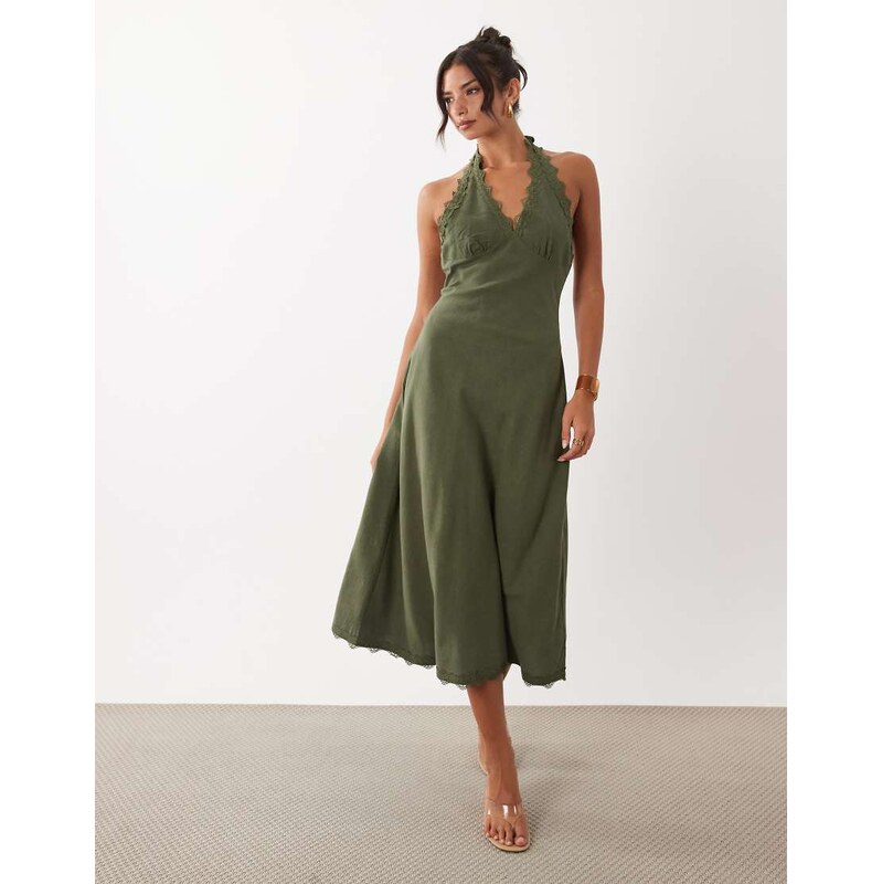 Lioness Stars Align linen rich halterneck lace trim low back