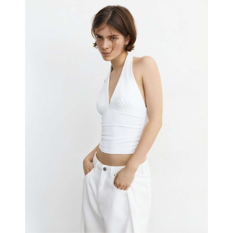 Pull&Bear Halter neck top with gathering in white