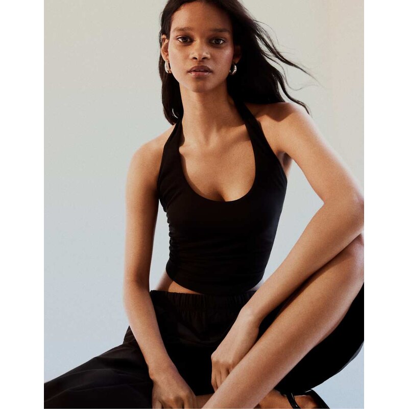Bershka Halter neck top with back knot in black