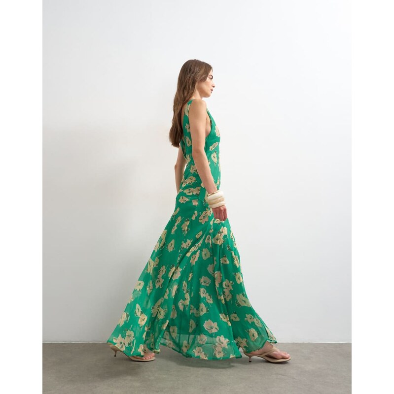 Topshop chiffon maxi dress with seam detail in green floral