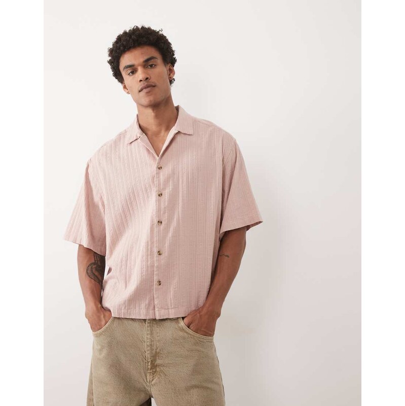 ASOS DESIGN boxy oversized revere textured shirt in pink