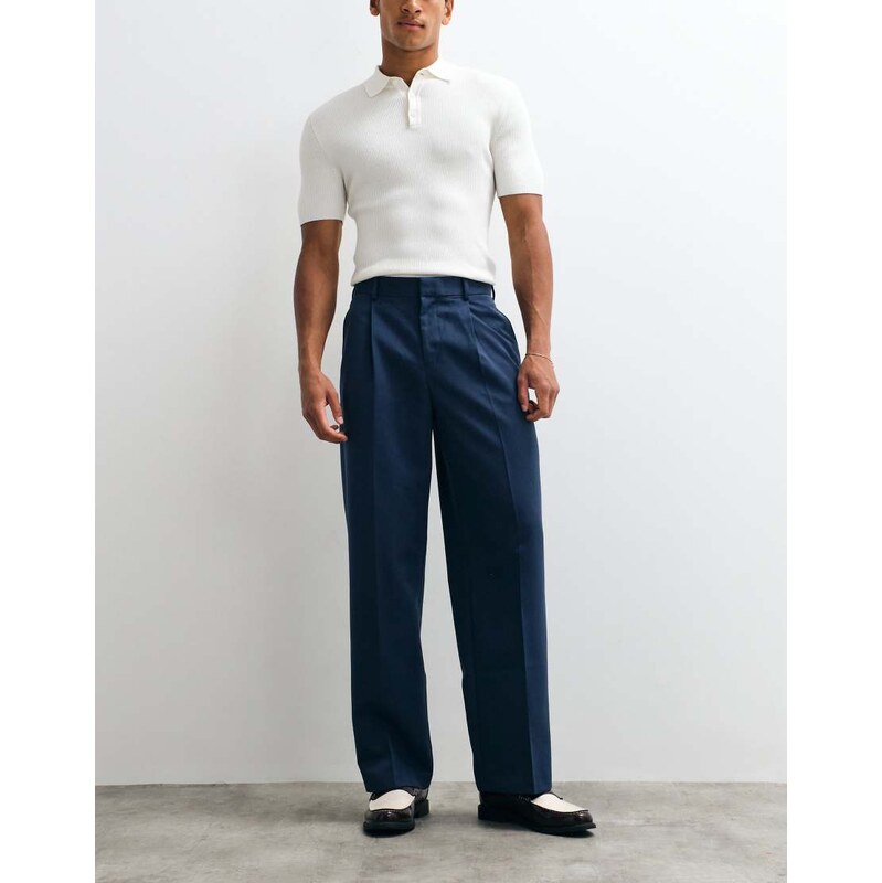 ASOS DESIGN smart pleated wide leg trousers in dark blue-Navy