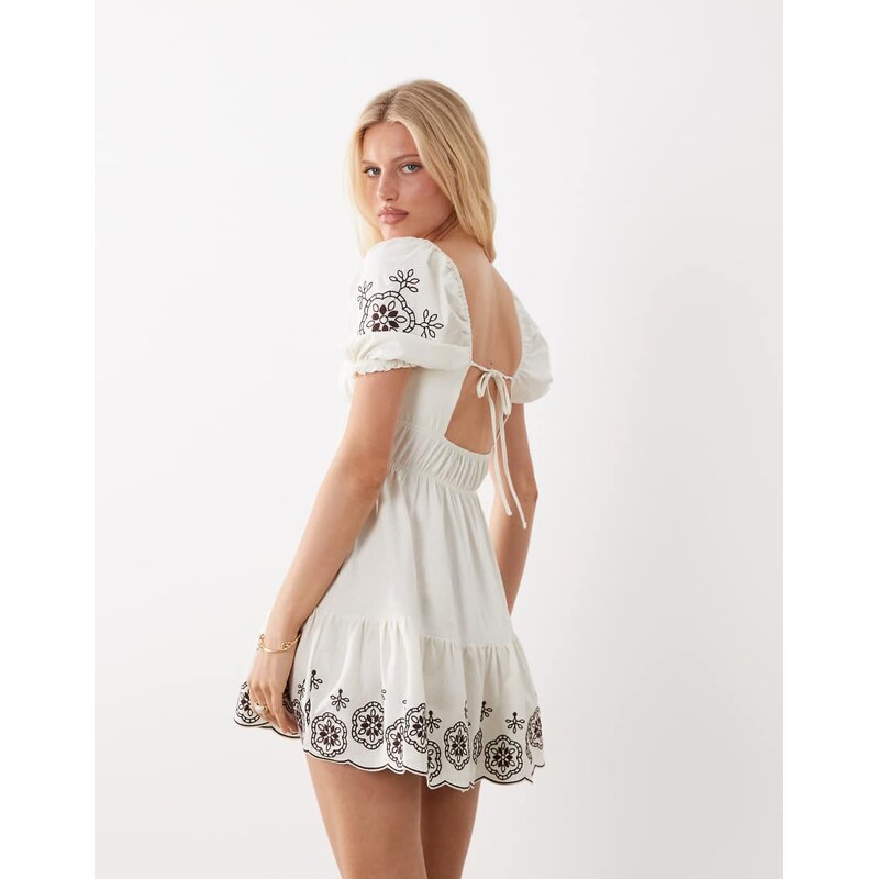 Miss Selfridge puff sleeve milkmaid mini dress with embroidery