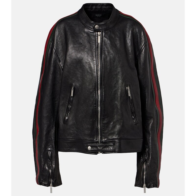 Gucci Web Stripe leather biker jacket