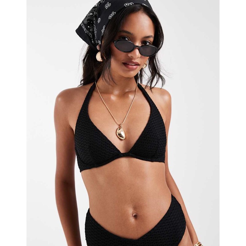 Lindex underwire halterneck bikini top in black crochet