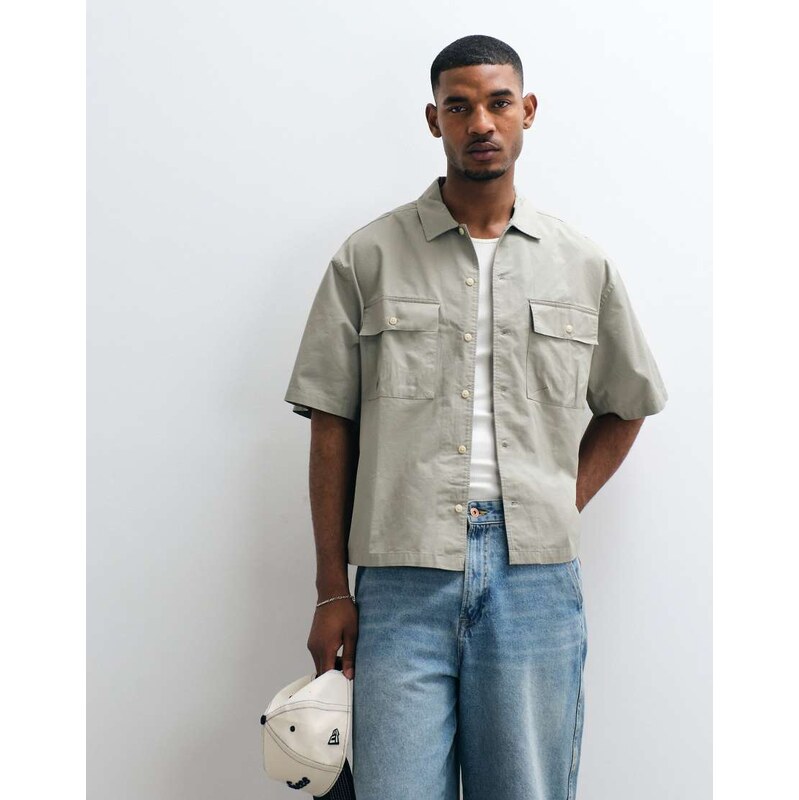 ASOS DESIGN boxy oversized cotton twill shirt in khaki-Green