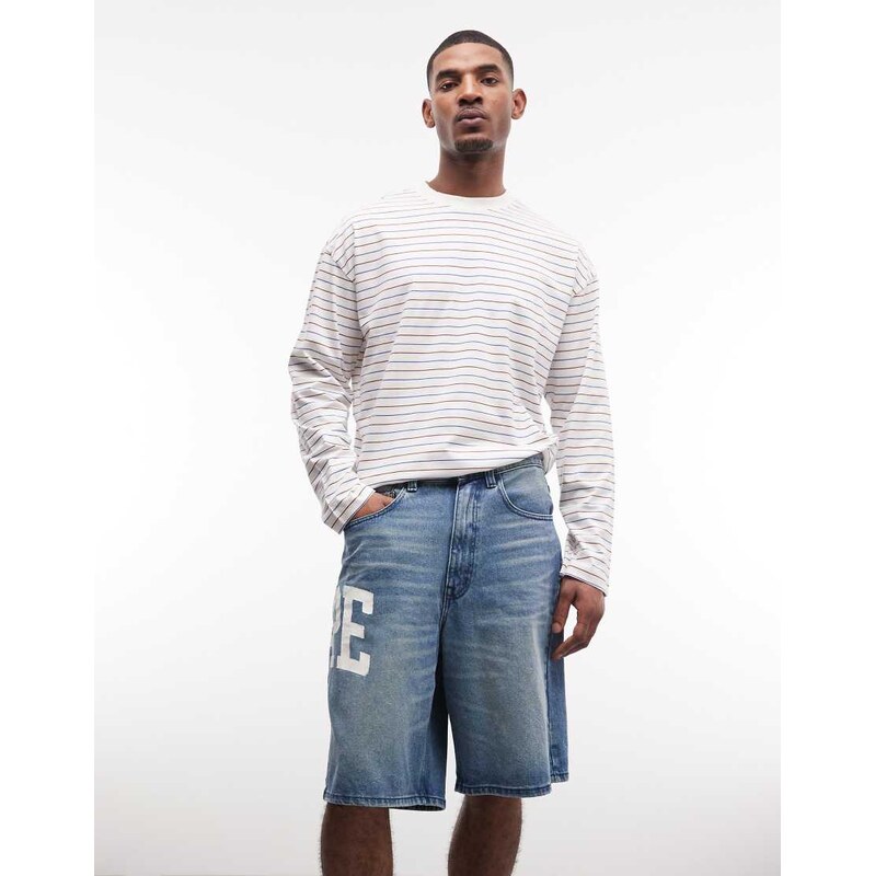 Aape by A Bathing Ape loose fit denim jorts in washed blue with