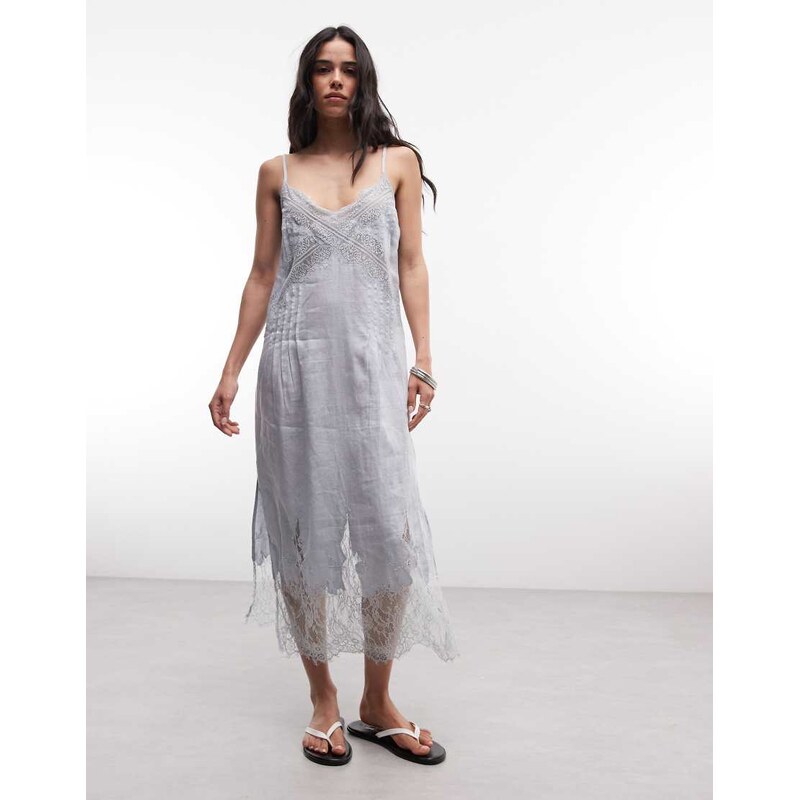 AllSaints Samia sleeveless linen lace midi dress in light blue