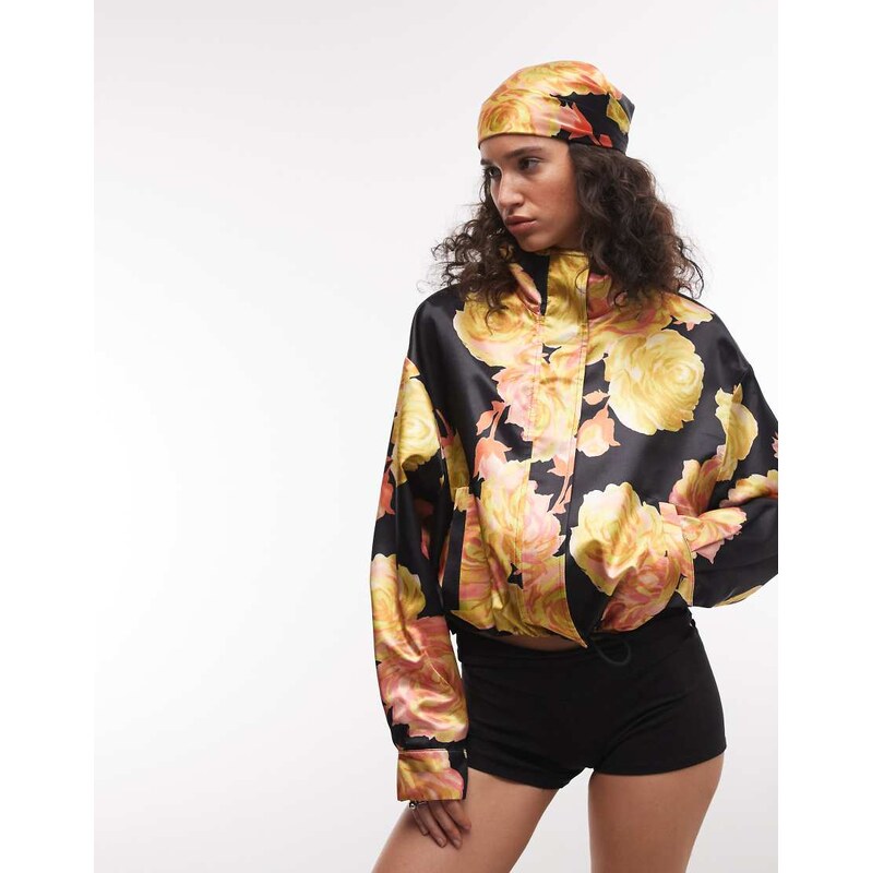 ASOS DESIGN oversized satin track jacket in bright floral print