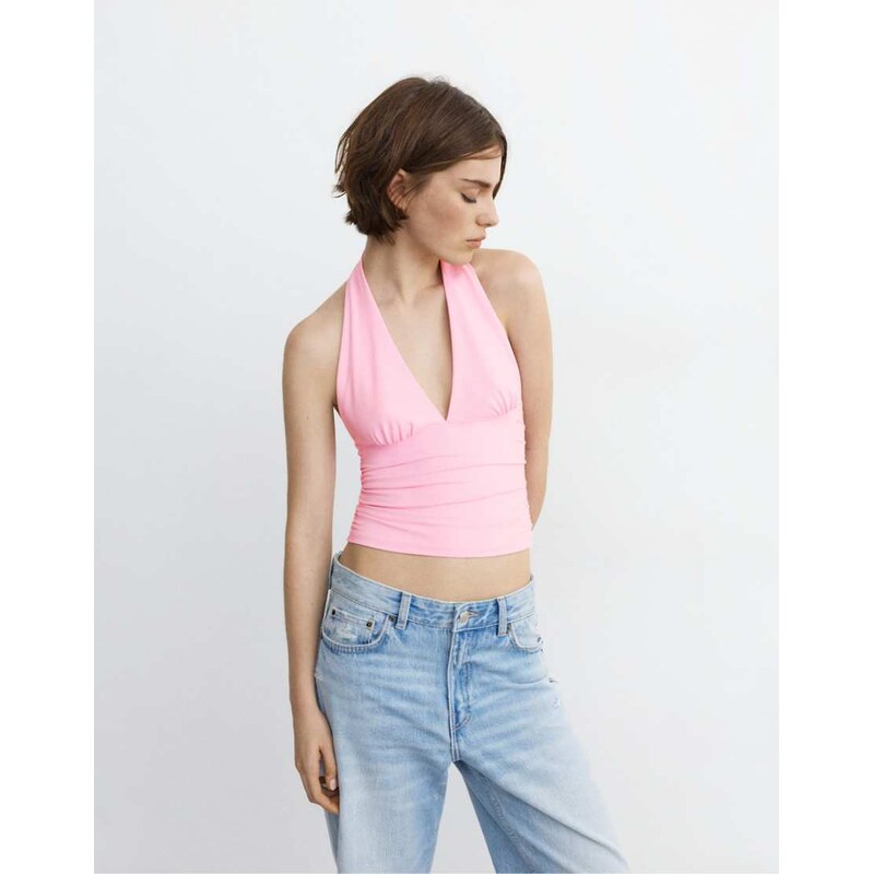 Pull&Bear Halter neck top with gathering in pink