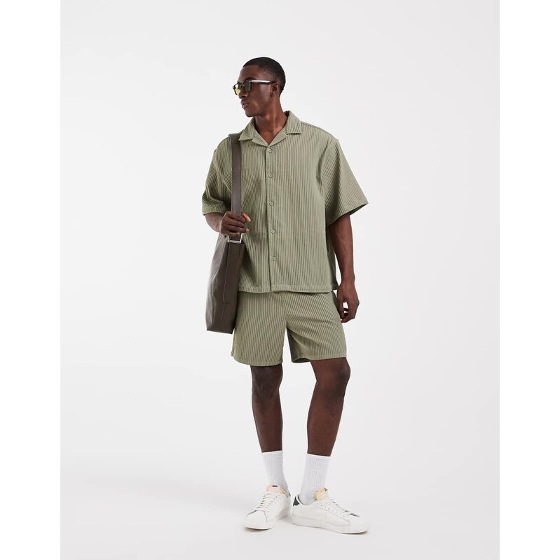ASOS DESIGN co-ord oversized revere plisse shirt in khaki-Green