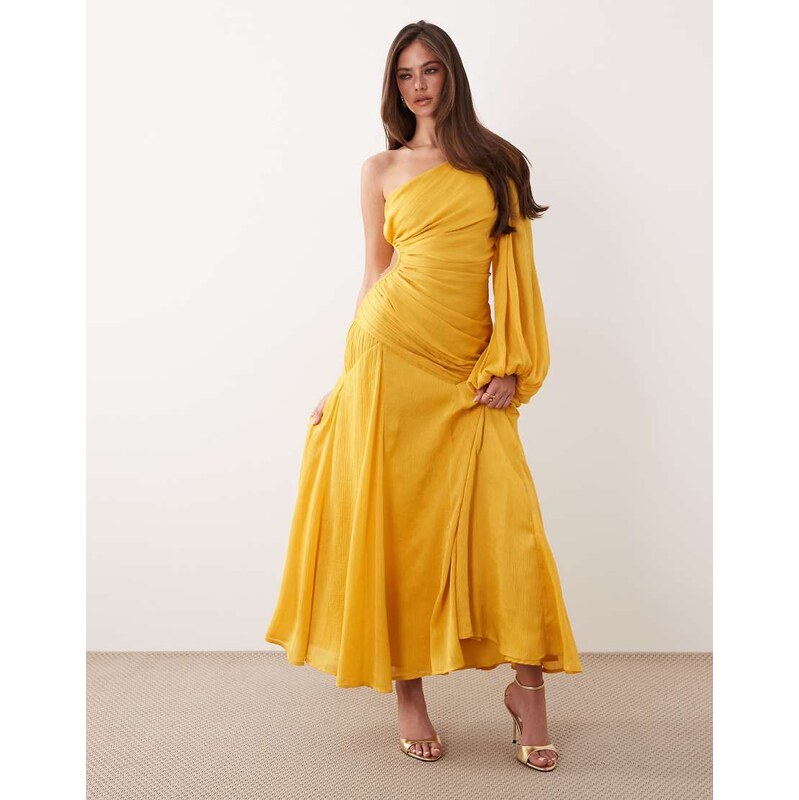 ASOS DESIGN crinkle satin one shoulder drape midaxi dress with