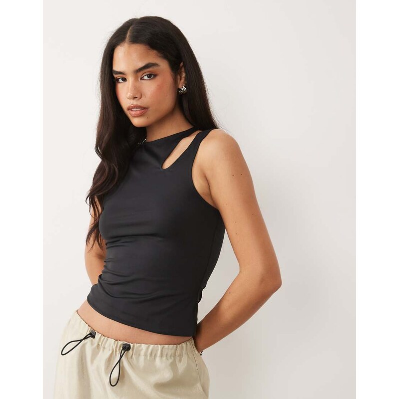 ASOS DESIGN polyamide slinky slash cut out shoulder racer top in