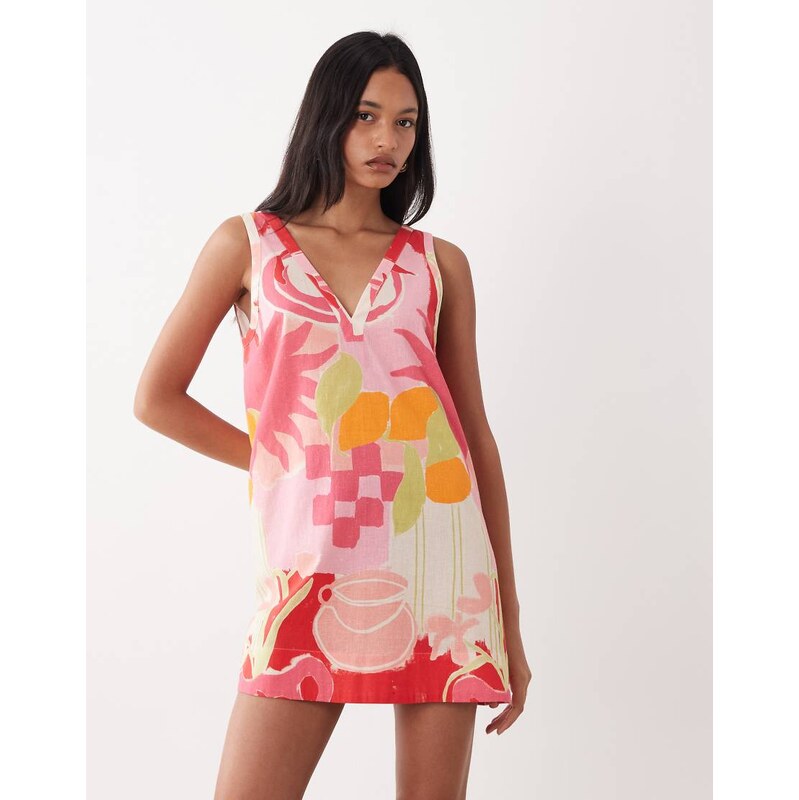 ASOS DESIGN cotton linen v neck smock mini dress in pink fruit