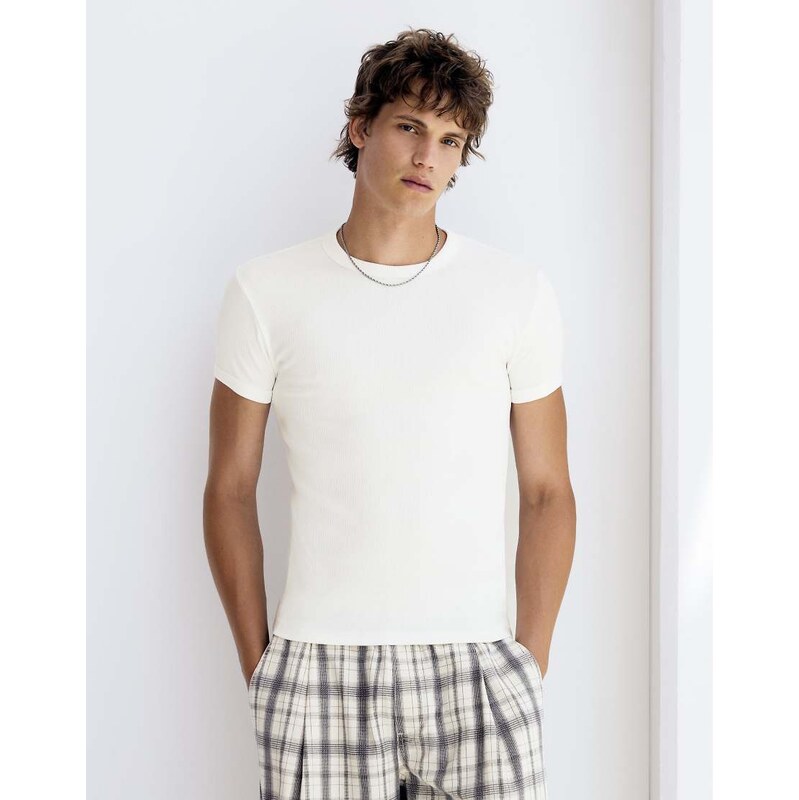 Bershka Slim fit ribbed t-shirt in white