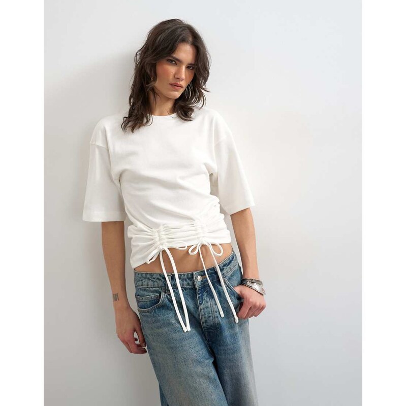 Topshop drawcord detail t-shirt in ivory-White