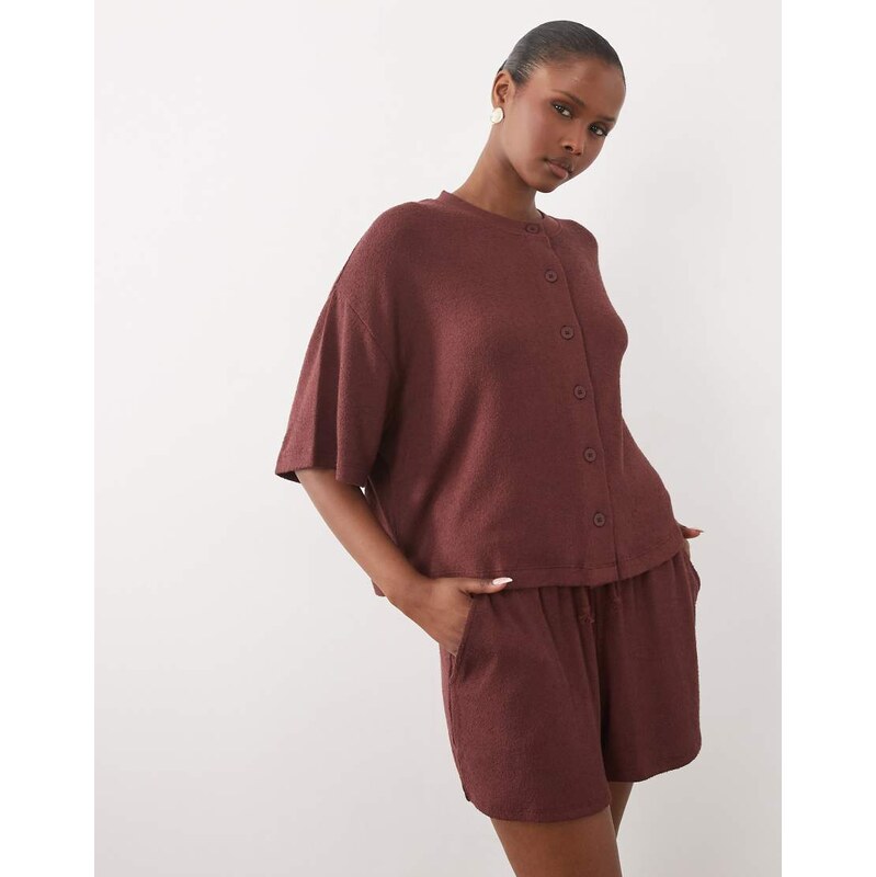 ASOS DESIGN textured knit boxy crop button down top in choc