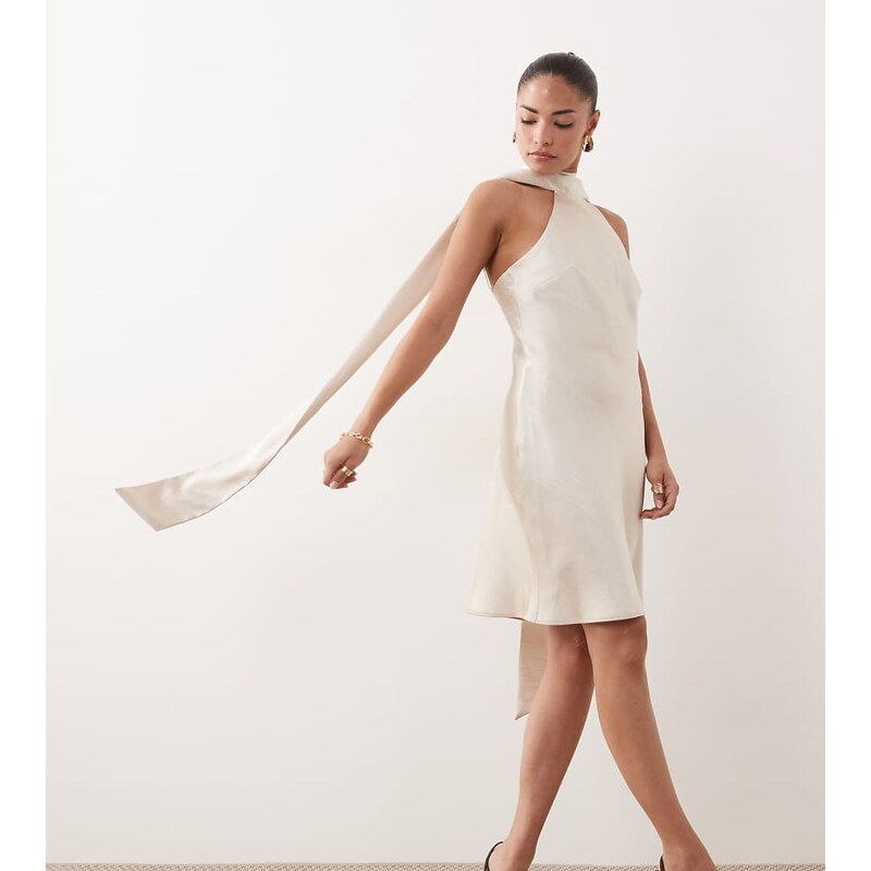 TFNC Petite satin scarf detail mini dress in cream-White