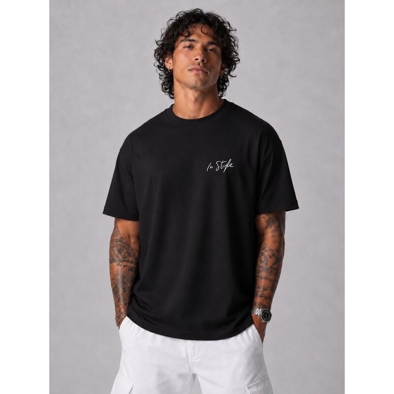 Dstreet Černé tričko oversize s potiskem IN STYLE