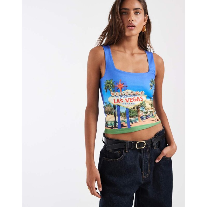 ASOS DESIGN Tank top with las vegas print-Blue
