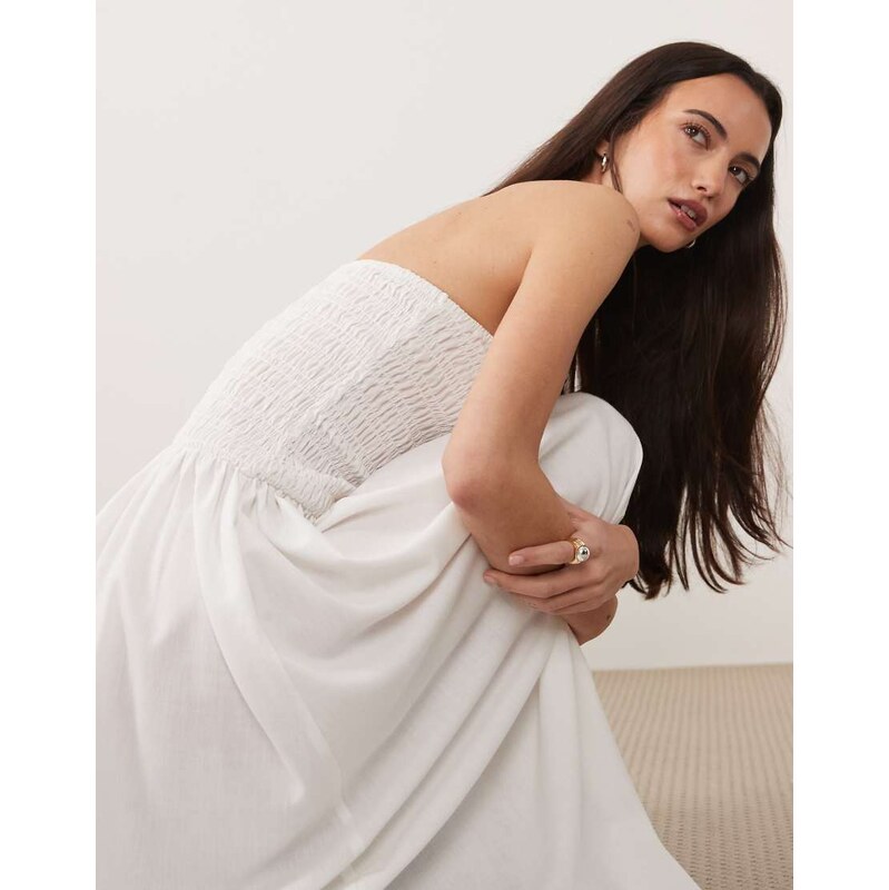 Brave Soul strapless midi dress with shirred bodice in white