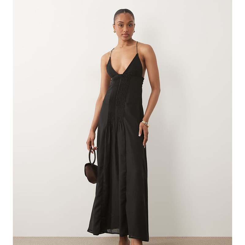 ASOS DESIGN Genie lace pleated maxi sundress in black-White