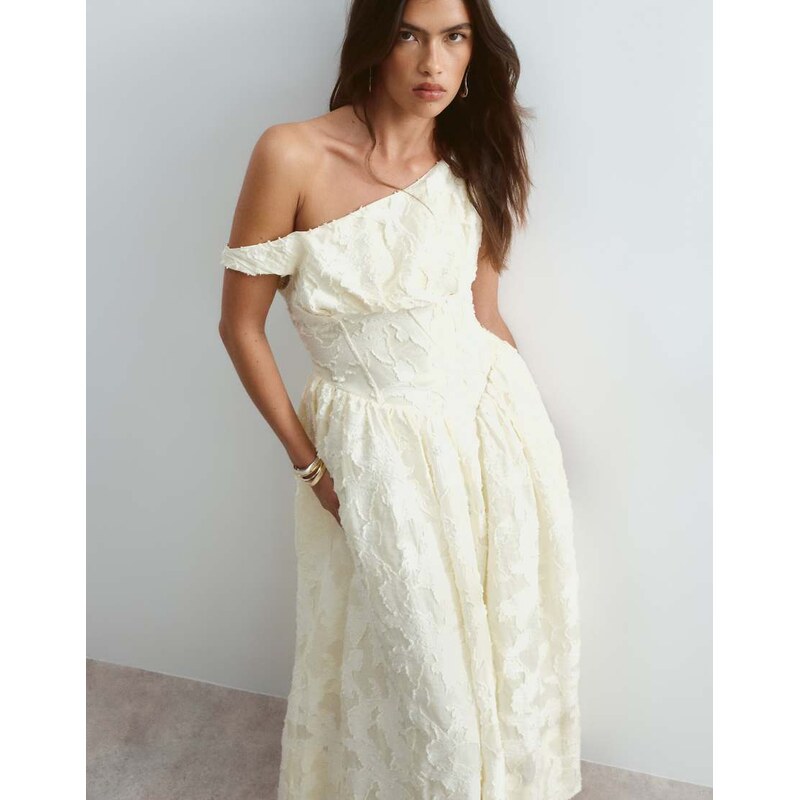 ARRANGE off shoulder corseted jacquard maxi dress in buttermilk