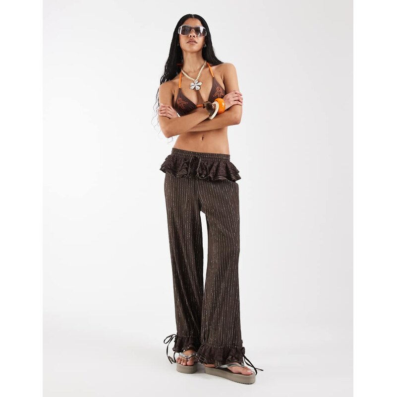 Reclaimed Vintage bloomer beach trousers with lace in brown
