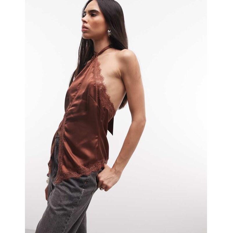 Reclaimed Vintage halter scarf top with lace in brown