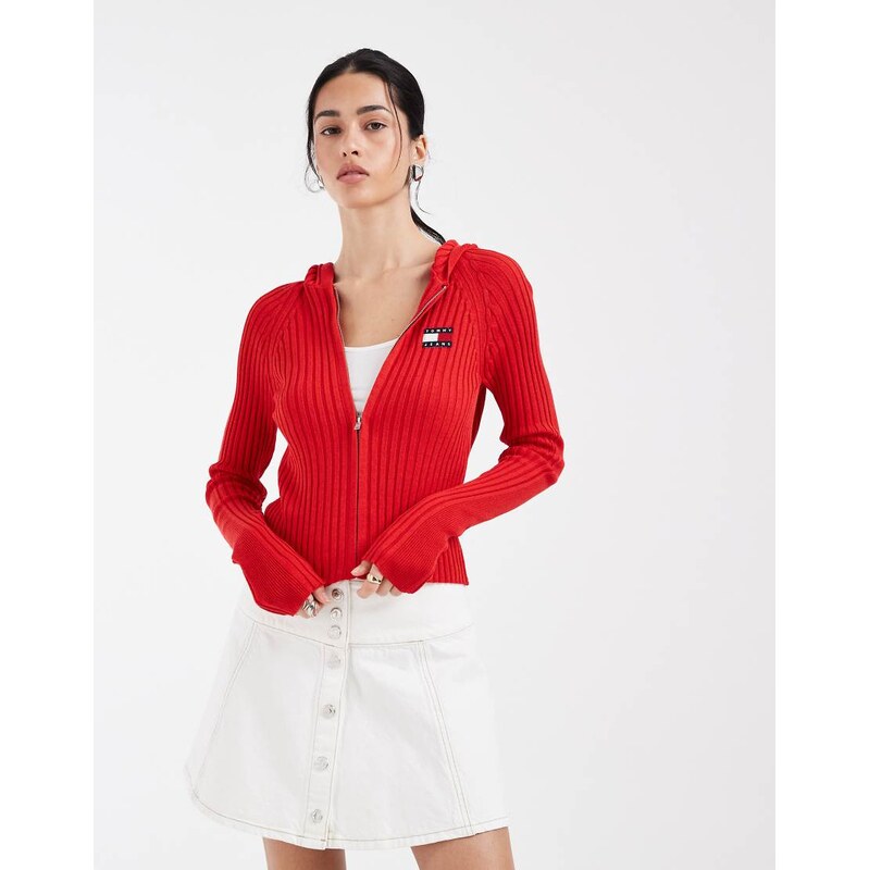 Tommy Jeans hooded rib cardigan in red