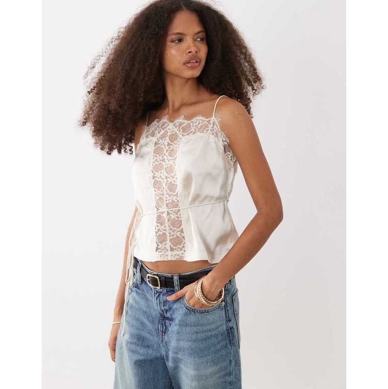 ASOS DESIGN lace button front cami in cream-Brown