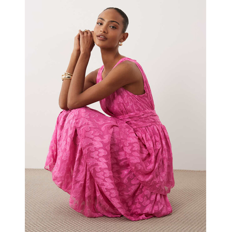 Vila tiered v neck jacquard maxi dress in pink