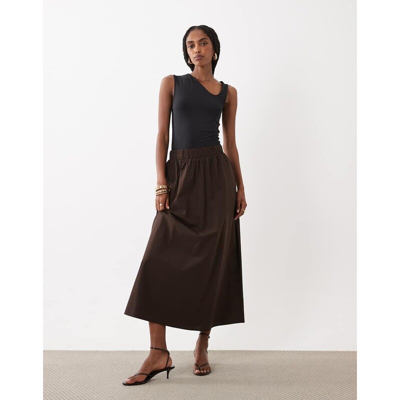 Vila cotton midi skirt in chocolate brown