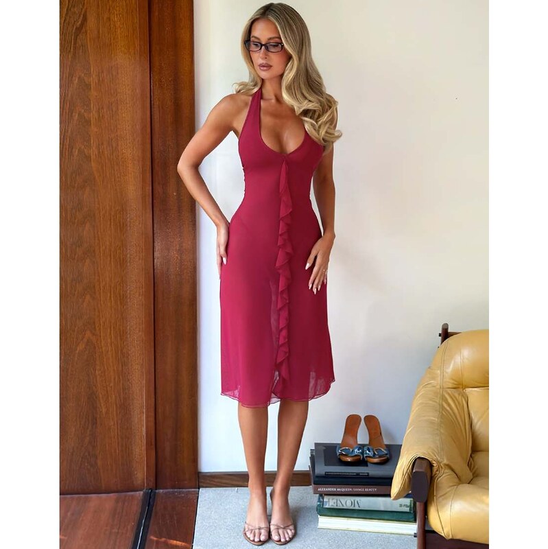 Tiger Mist x Em Venz Ash ruffle front halterneck chiffon midi