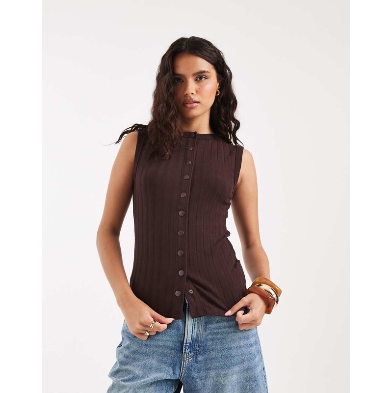 River Island button down tank top in dark brown