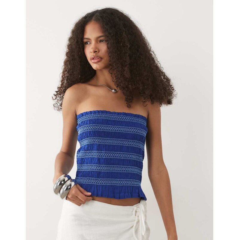 Mango Teen 100% cotton ruched off shoulder top in navy