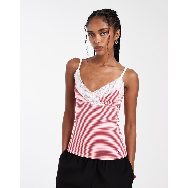 Hollister lace trim cami in white and red stripe-Pink